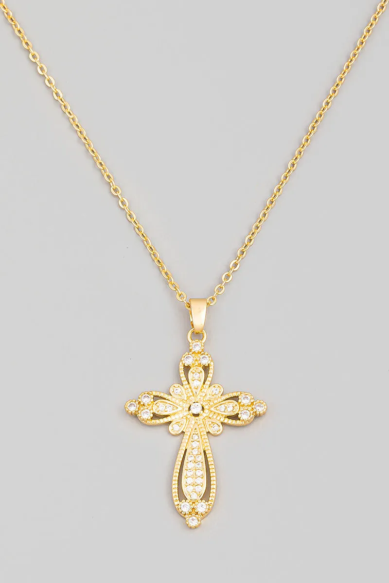14K gold plated Pave Floral Cross Pendant Necklace Women