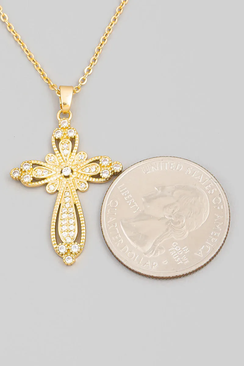 14K gold plated Pave Floral Cross Pendant Necklace Women