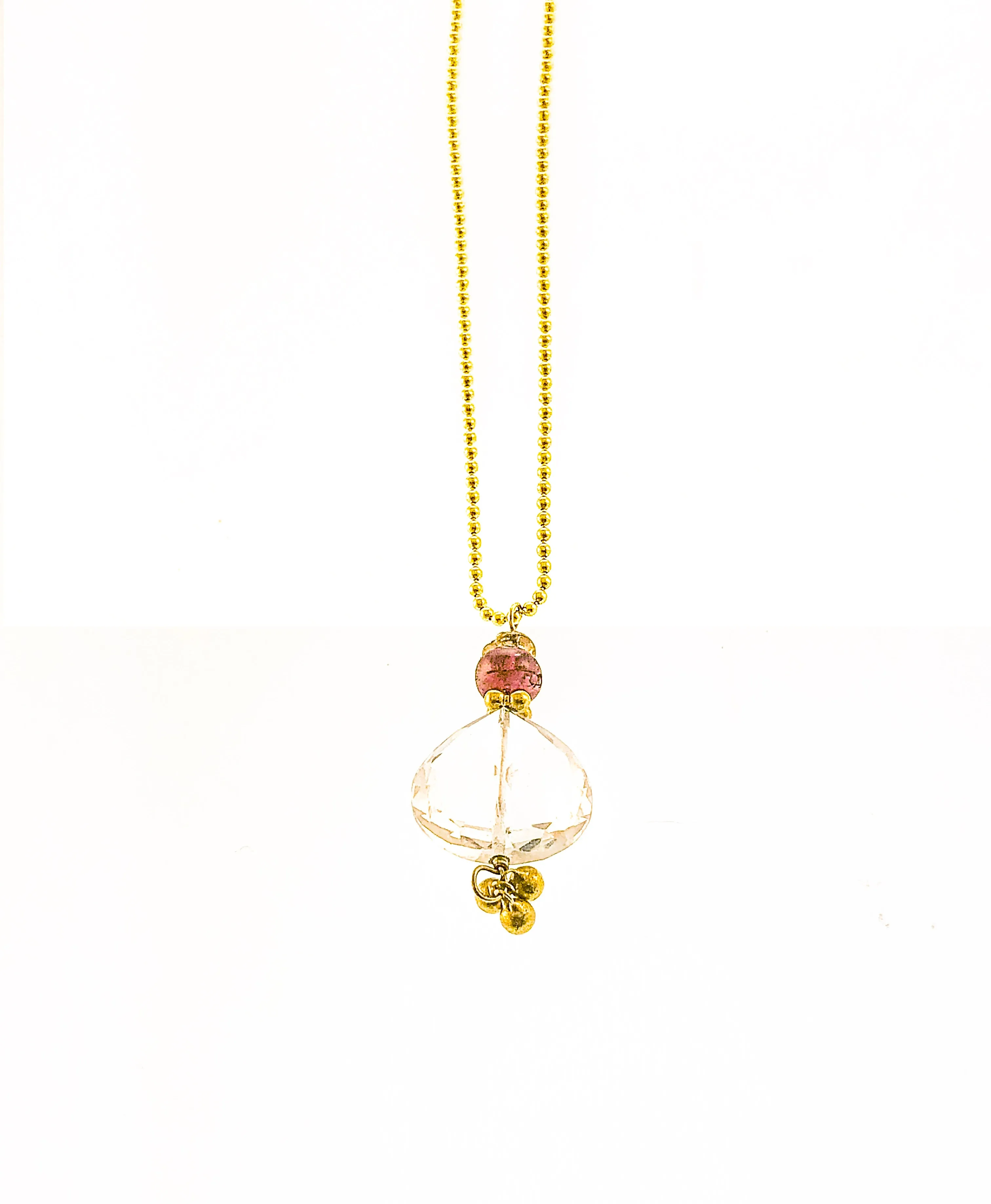 18K White Topaz Pink Tourmaline Drop on 18K ballbead chain