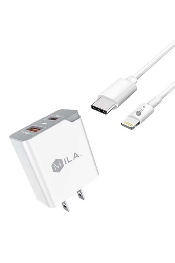 198627 - MILA|3.0A FAST CHARGE USB AND USB-C PORT HOME WALL CHARGER WITH TYPE C TO LIGHTNING CABLE
