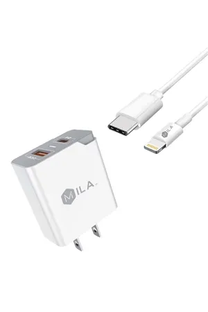 198627 - MILA|3.0A FAST CHARGE USB AND USB-C PORT HOME WALL CHARGER WITH TYPE C TO LIGHTNING CABLE