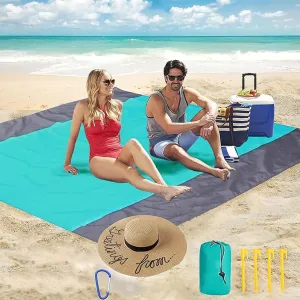 Beach Blanket Sandproof Extra Large Beach Mat Adults Waterproof Quick Drying,Big & Compact Sand Free Mat,Lightweight & Durable with 4 Stakes for Travel Camping Hiking Picnic (Green/Gray)