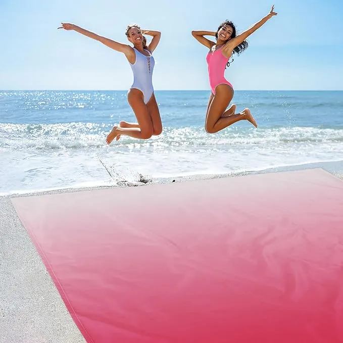 Beach Blanket Waterproof Sandproof, 110''×118'' Extra Large Beach Mat for 8 Adult, Gradient Pink Picnic Blankets w/Stakes, Compact Quick Drying Outdoor Blanket for Travel, Camping, Hiking