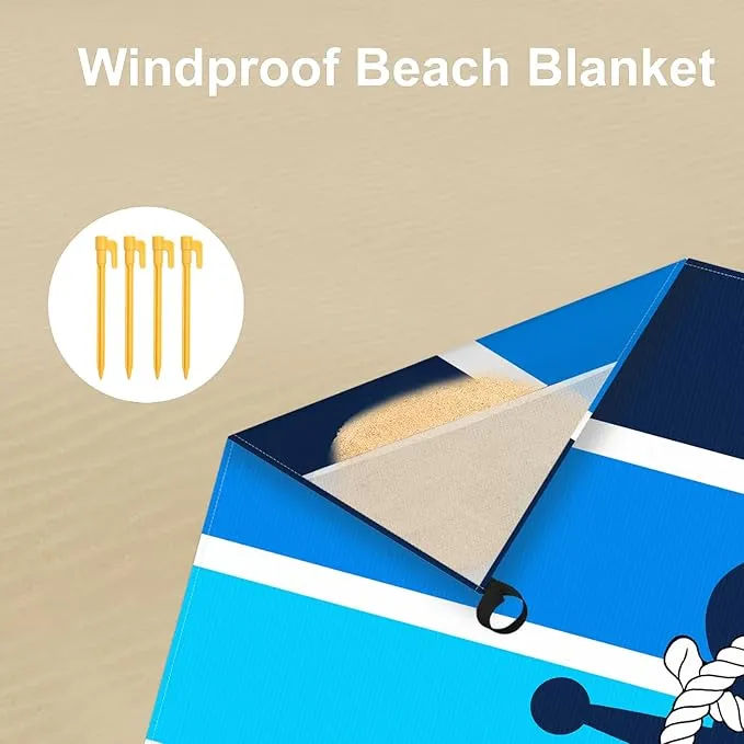 Beach Blanket Waterproof Sandproof, 78''×86'' Large Oversized Sand Free Nautical Beach Mat 4 People w/ 4 Stakes, Lightweight Foldable Blue Beach Essentials for Picnic, Camping - Stripes Anchor