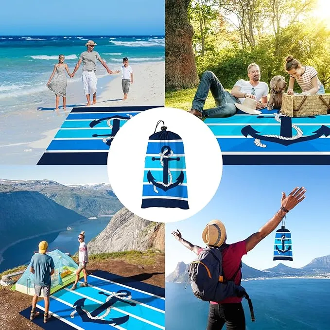 Beach Blanket Waterproof Sandproof, 78''×86'' Large Oversized Sand Free Nautical Beach Mat 4 People w/ 4 Stakes, Lightweight Foldable Blue Beach Essentials for Picnic, Camping - Stripes Anchor