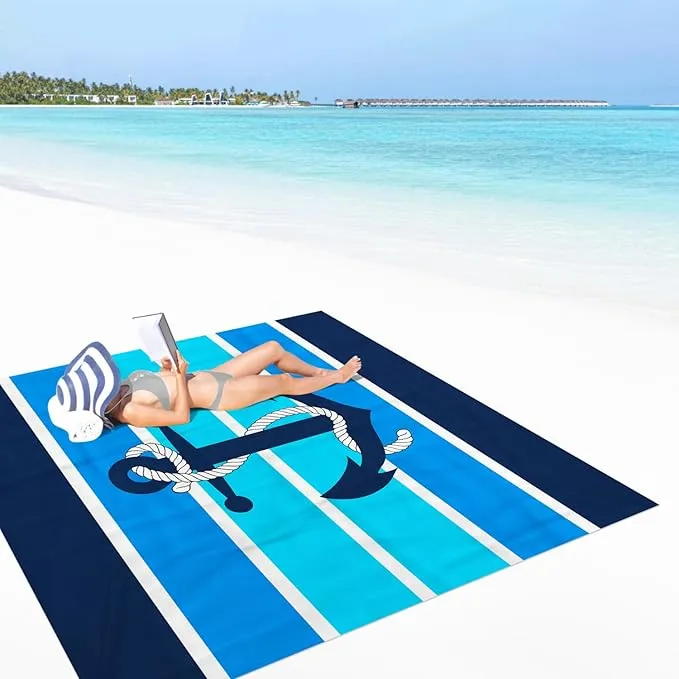 Beach Blanket Waterproof Sandproof, 78''×86'' Large Oversized Sand Free Nautical Beach Mat 4 People w/ 4 Stakes, Lightweight Foldable Blue Beach Essentials for Picnic, Camping - Stripes Anchor
