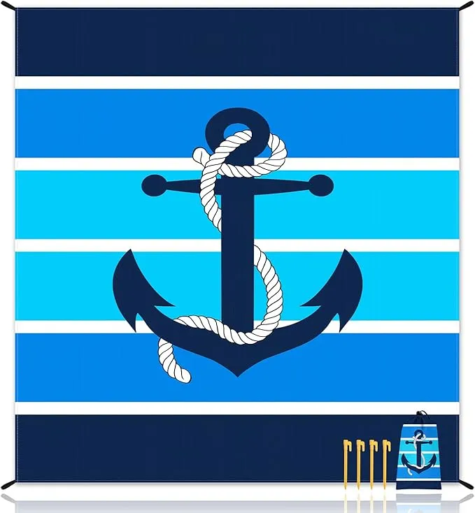 Beach Blanket Waterproof Sandproof, 78''×86'' Large Oversized Sand Free Nautical Beach Mat 4 People w/ 4 Stakes, Lightweight Foldable Blue Beach Essentials for Picnic, Camping - Stripes Anchor