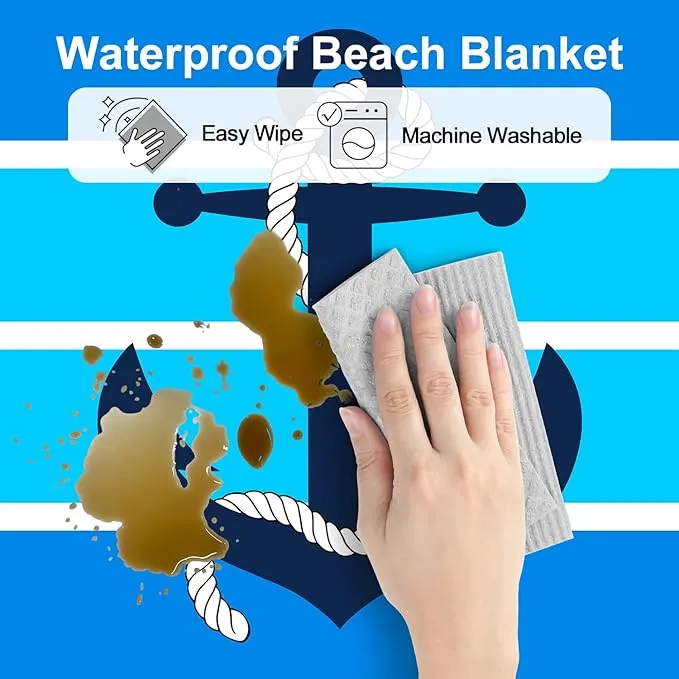 Beach Blanket Waterproof Sandproof, 78''×86'' Large Oversized Sand Free Nautical Beach Mat 4 People w/ 4 Stakes, Lightweight Foldable Blue Beach Essentials for Picnic, Camping - Stripes Anchor