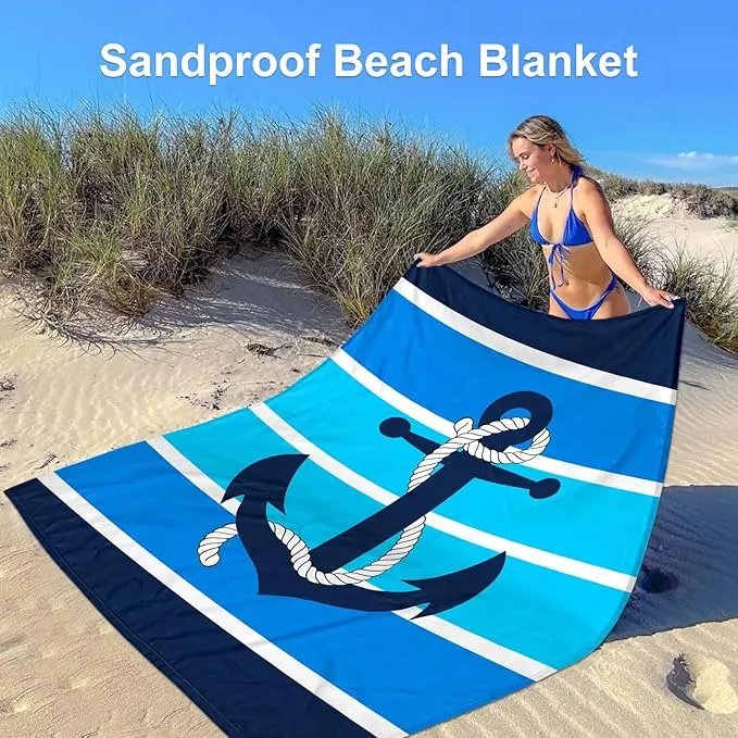 Beach Blanket Waterproof Sandproof, 78''×86'' Large Oversized Sand Free Nautical Beach Mat 4 People w/ 4 Stakes, Lightweight Foldable Blue Beach Essentials for Picnic, Camping - Stripes Anchor