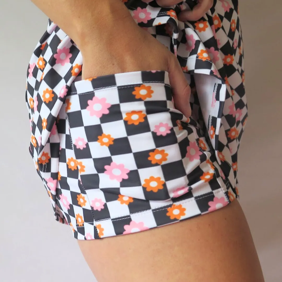 Black and White Checkered Floral Golf Dress