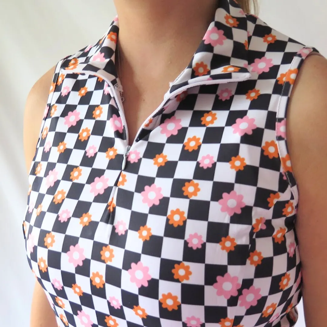 Black and White Checkered Floral Golf Dress