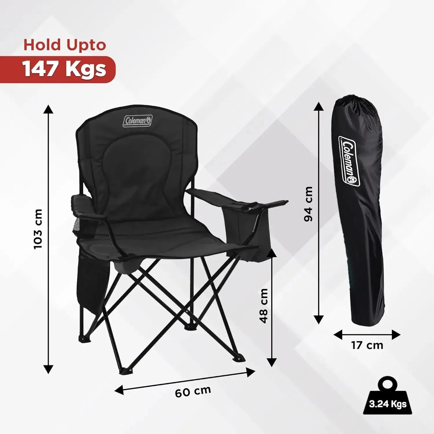 Coleman portable camping chair with 4 cans of cooler, fully cushioned seat back, side pocket cup holder, handbag folding chair
