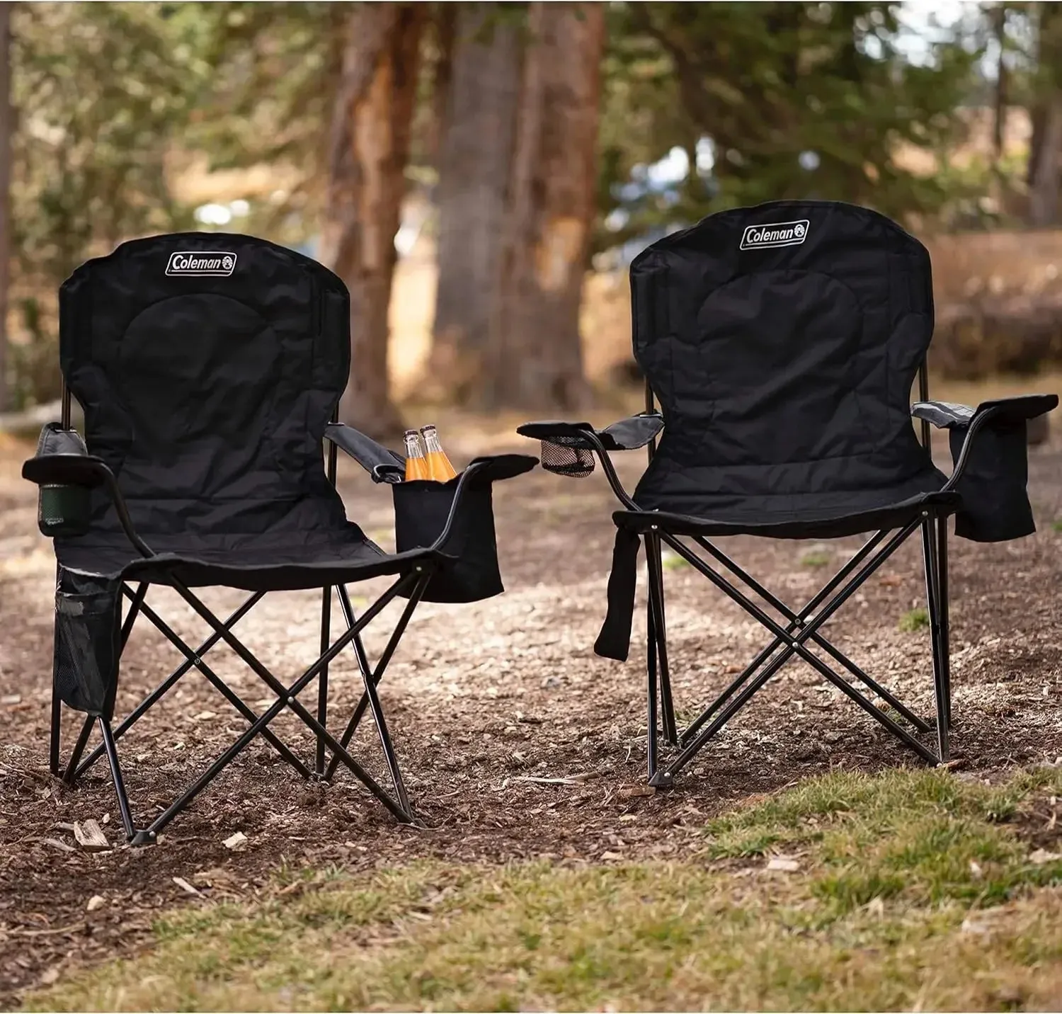 Coleman portable camping chair with 4 cans of cooler, fully cushioned seat back, side pocket cup holder, handbag folding chair