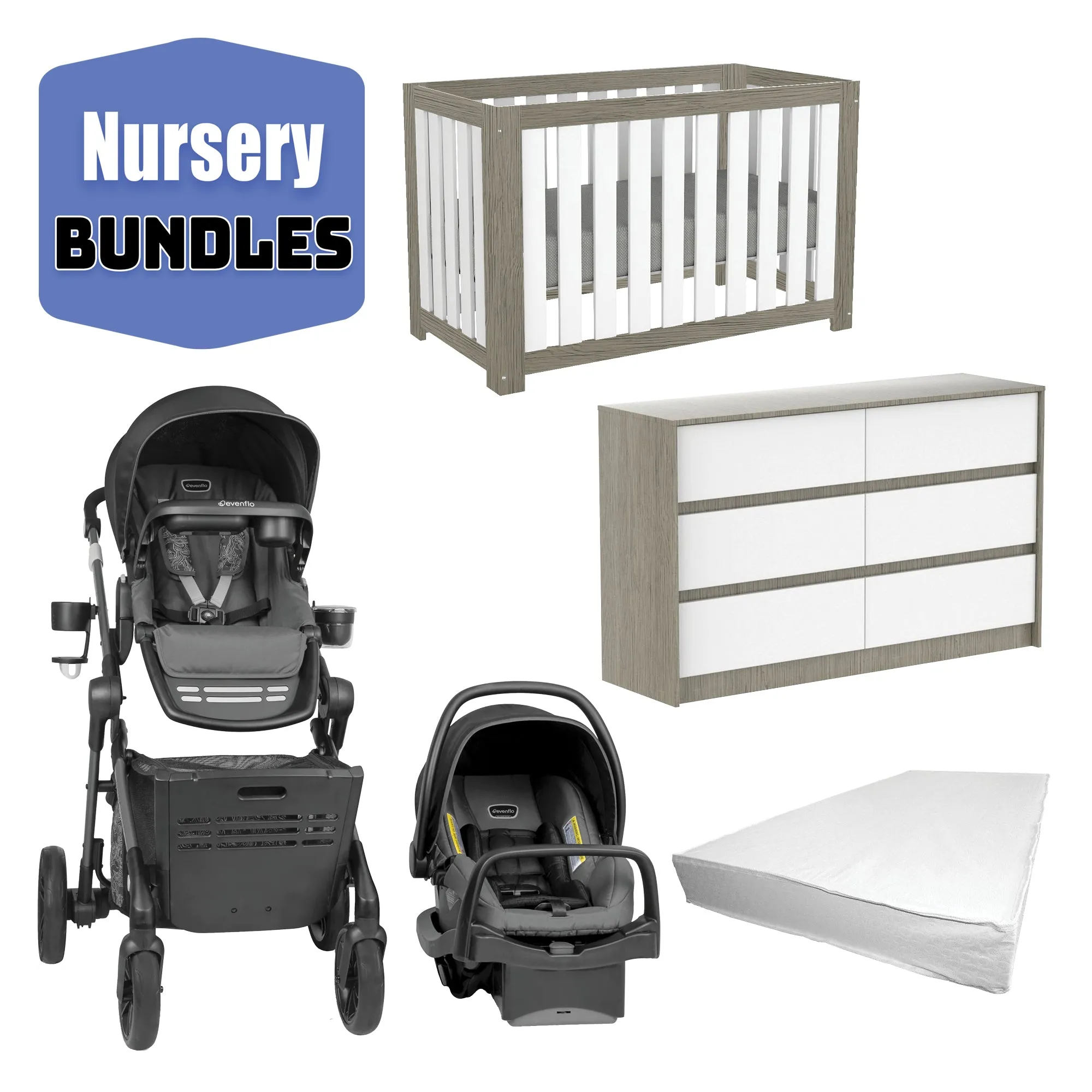Complete Baby Room Kit: Evenflo Stroller, Convertible Crib, and Mattress