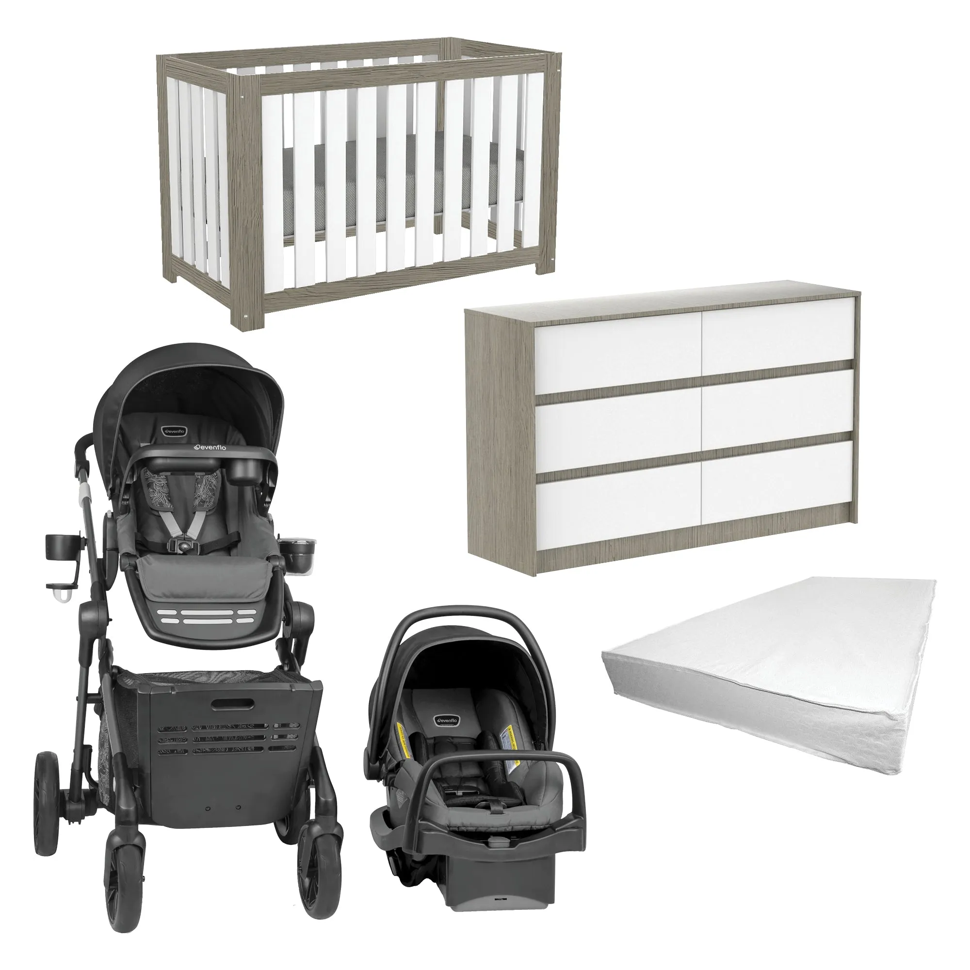 Complete Baby Room Kit: Evenflo Stroller, Convertible Crib, and Mattress