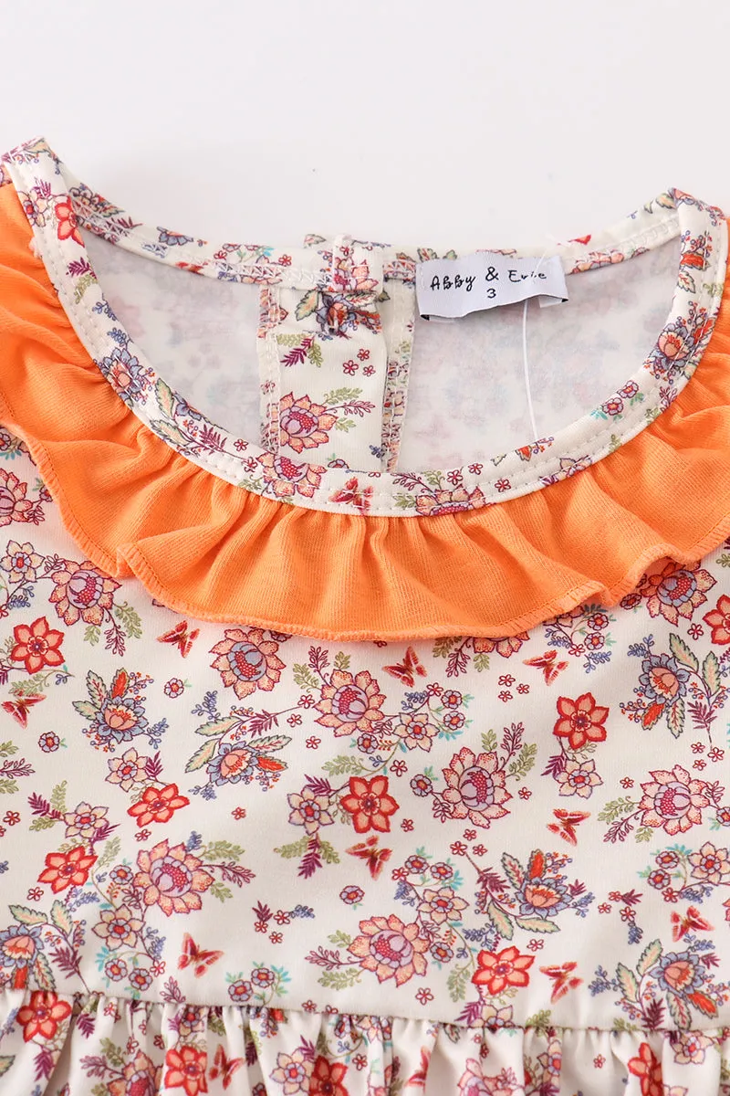 Coral Floral Cow Applique Dress