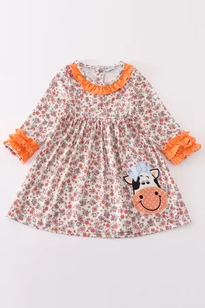 Coral Floral Cow Applique Dress