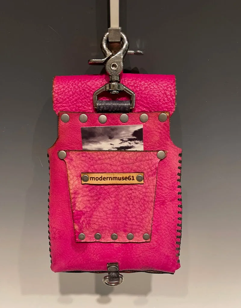 Distressed Bright Pink Leather Cell Phone Case with Silver Closure MMP5