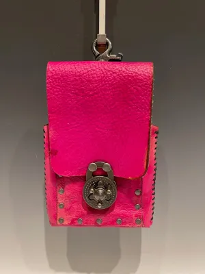 Distressed Bright Pink Leather Cell Phone Case with Silver Closure MMP5