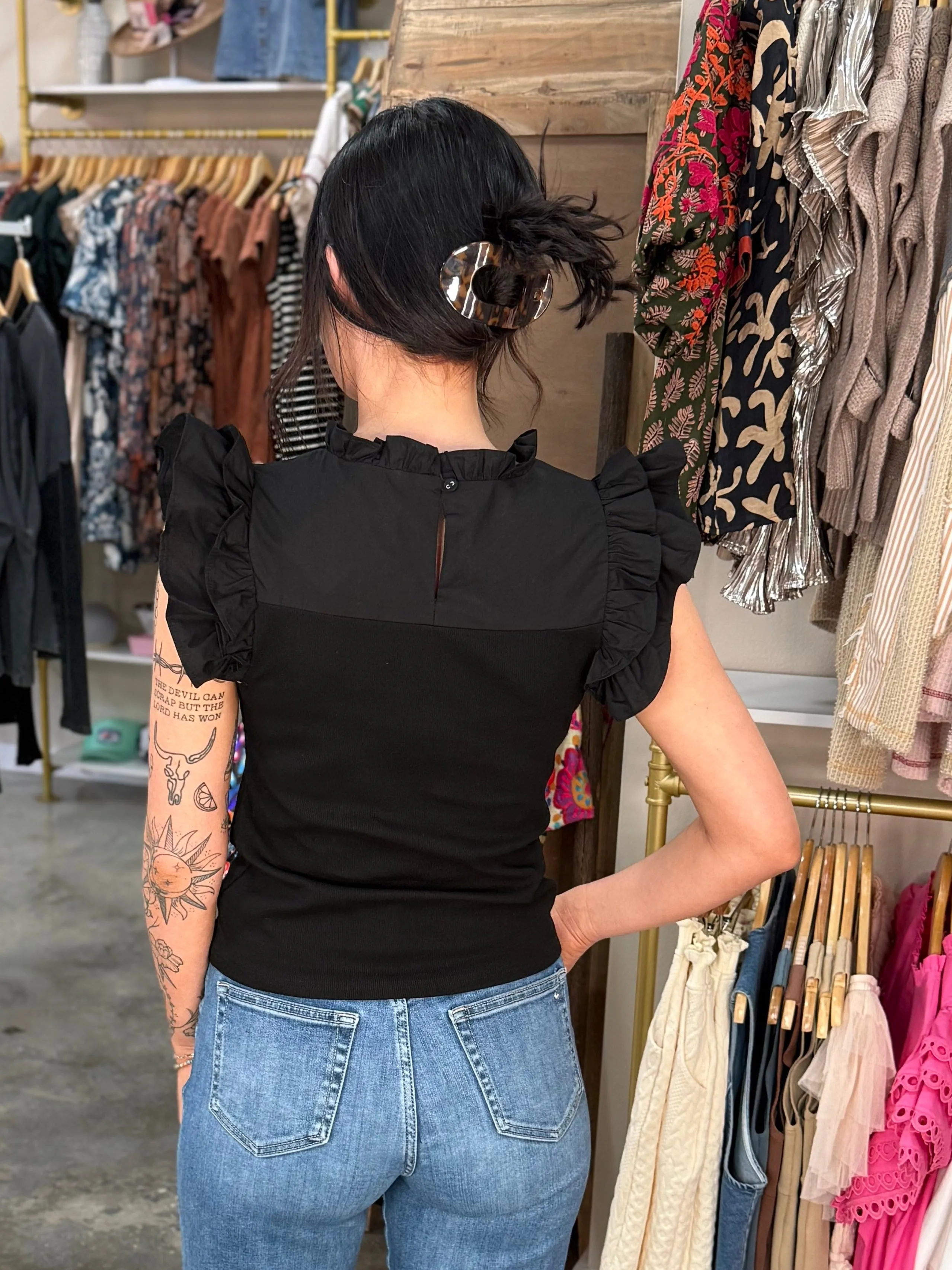 Embroidered Ruffle Shoulder Tank Top