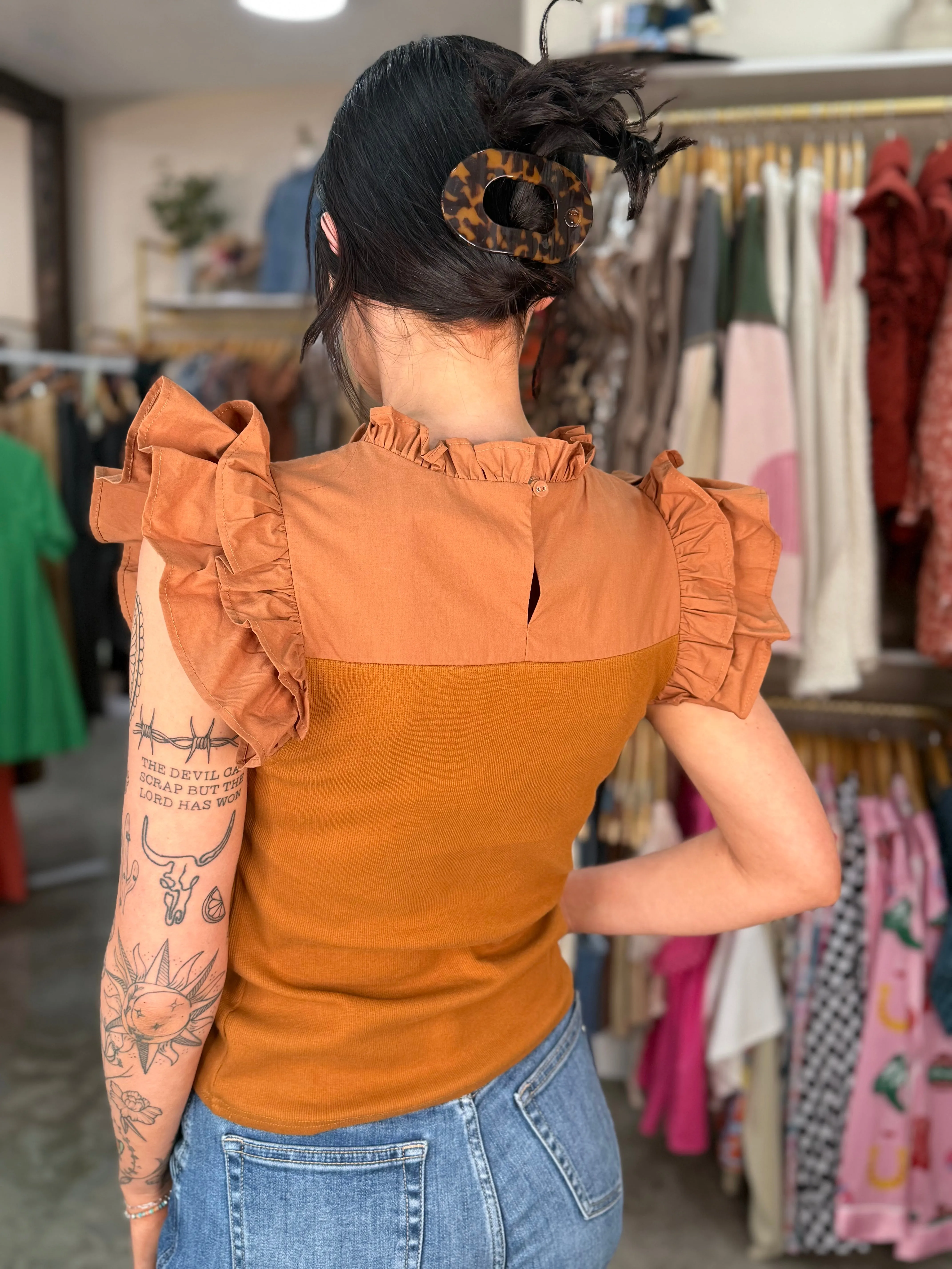 Embroidered Ruffle Shoulder Tank Top