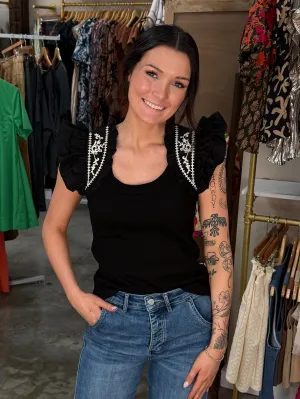 Embroidered Ruffle Shoulder Tank Top