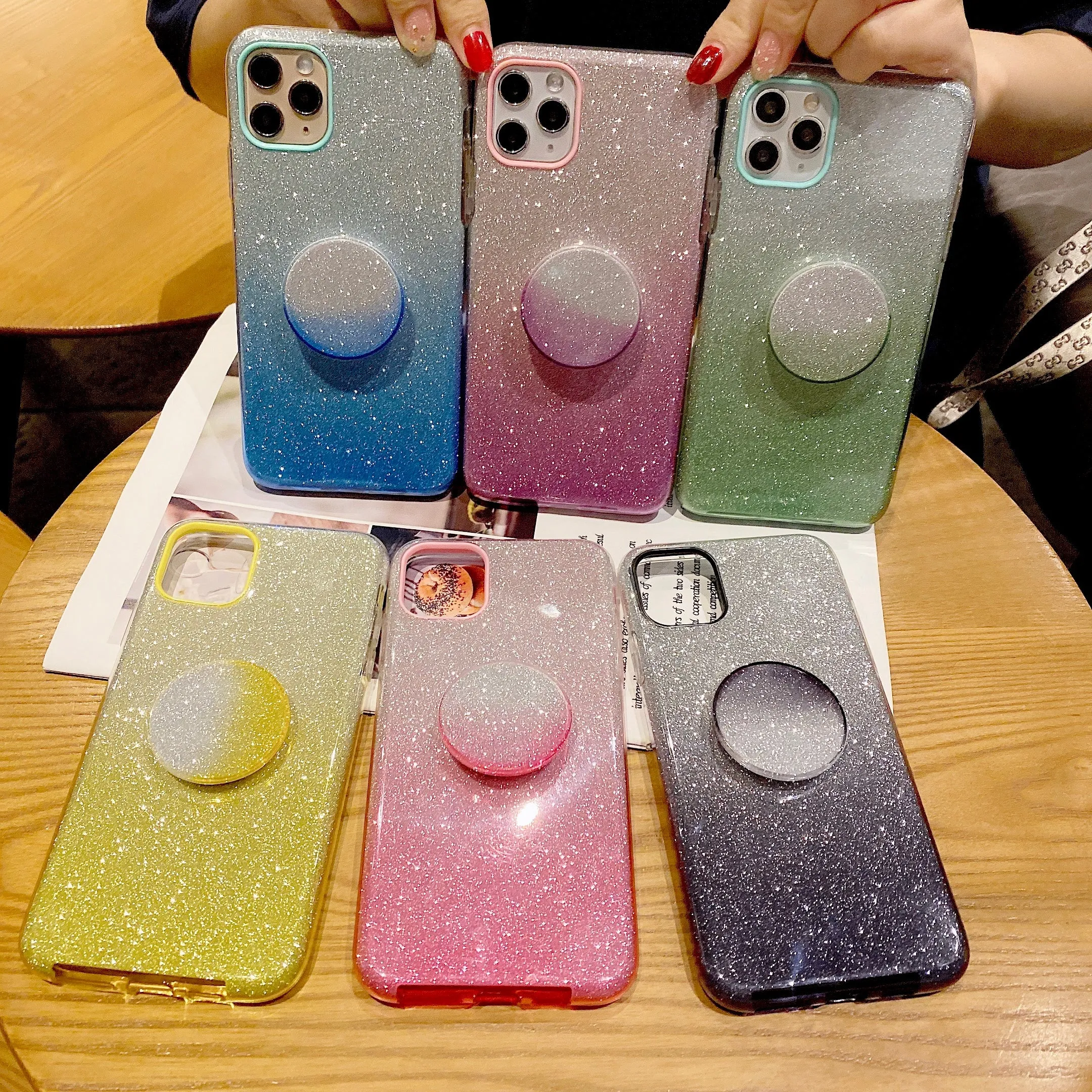 for HUAWEI P20 LITE/P30 LITE/P40 LITE/Nova6SE/Nova 7i Phone Case Gradient Color Glitter Powder Phone Cover with Airbag Bracket green