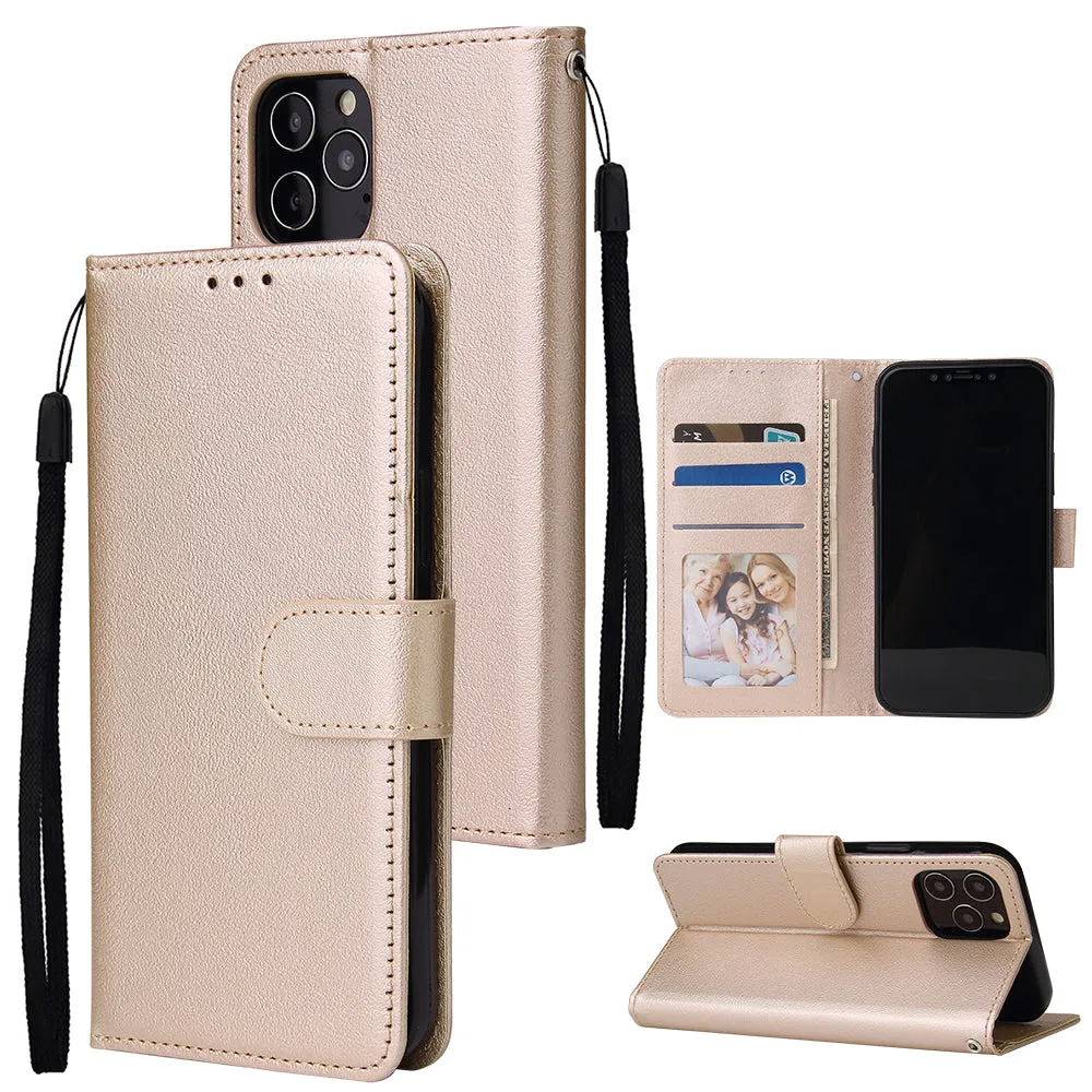 For Iphone 12 5.4 inch/6.1 inch/ 6.7 inch PU Leather Three-card Photo Frame Front Buckle Mobile Phone shell Golden