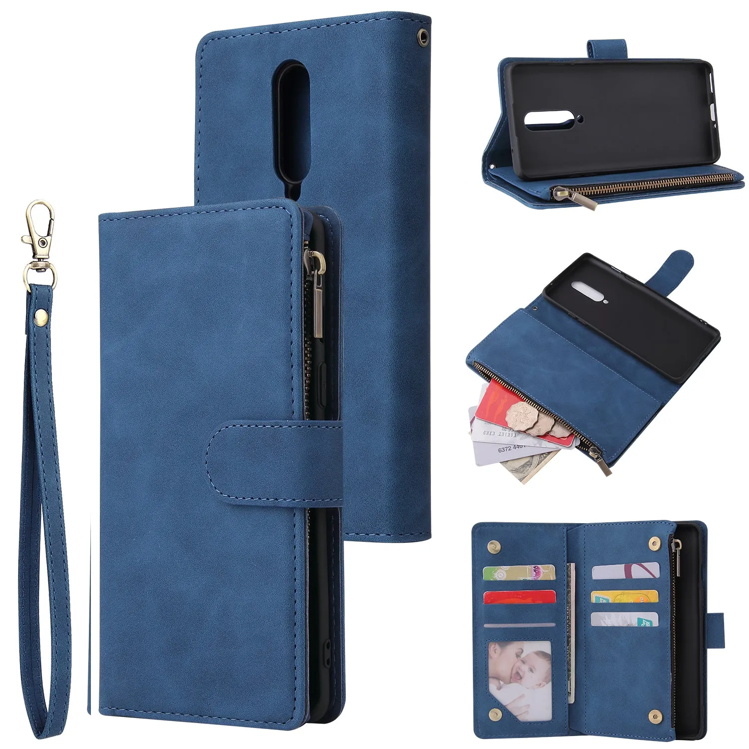 For One plus 8 Zipper Purse Leather Mobile Phone Cover with Cards Slot Phone Bracket 2 blue