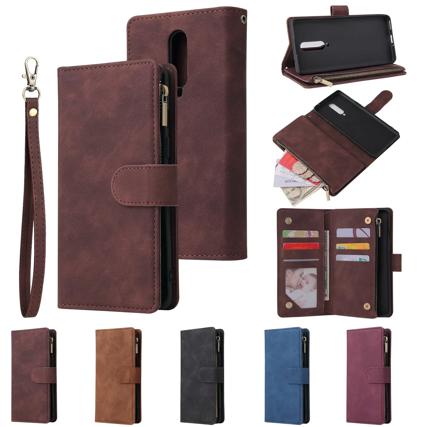 For One plus 8 Zipper Purse Leather Mobile Phone Cover with Cards Slot Phone Bracket 2 blue
