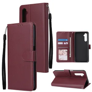 For OPPO Realme C3/Realme 6 PU Leather Mobile Phone Cover with 3 Cards Slots Phone Frame wine red