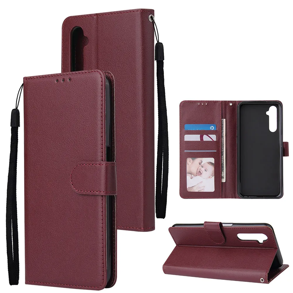 For OPPO Realme C3/Realme 6 PU Leather Mobile Phone Cover with 3 Cards Slots Phone Frame wine red