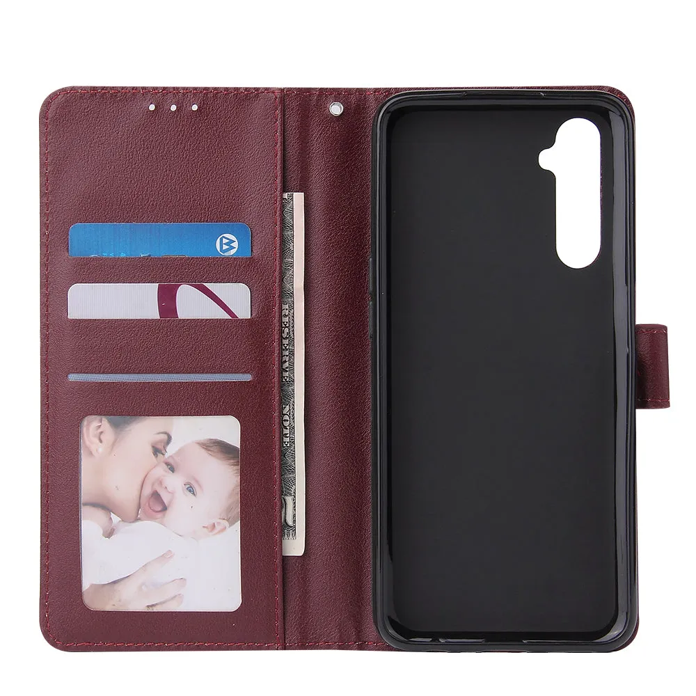 For OPPO Realme C3/Realme 6 PU Leather Mobile Phone Cover with 3 Cards Slots Phone Frame wine red