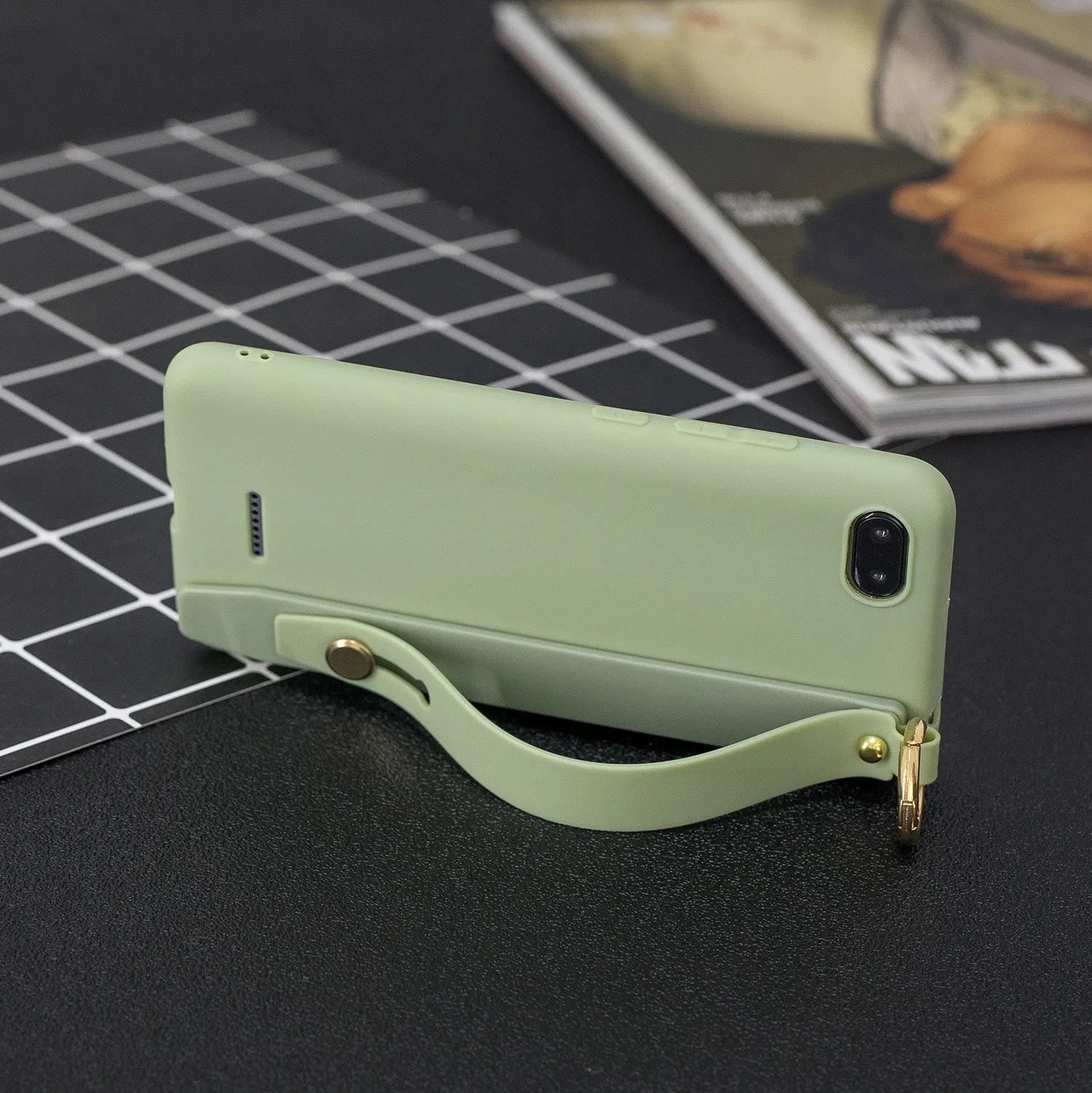 For Redmi 6A Simple Solid Color Chic Wrist Rope Bracket Matte TPU Anti-scratch Non-slip Protective Cover Back Case 10 beans green