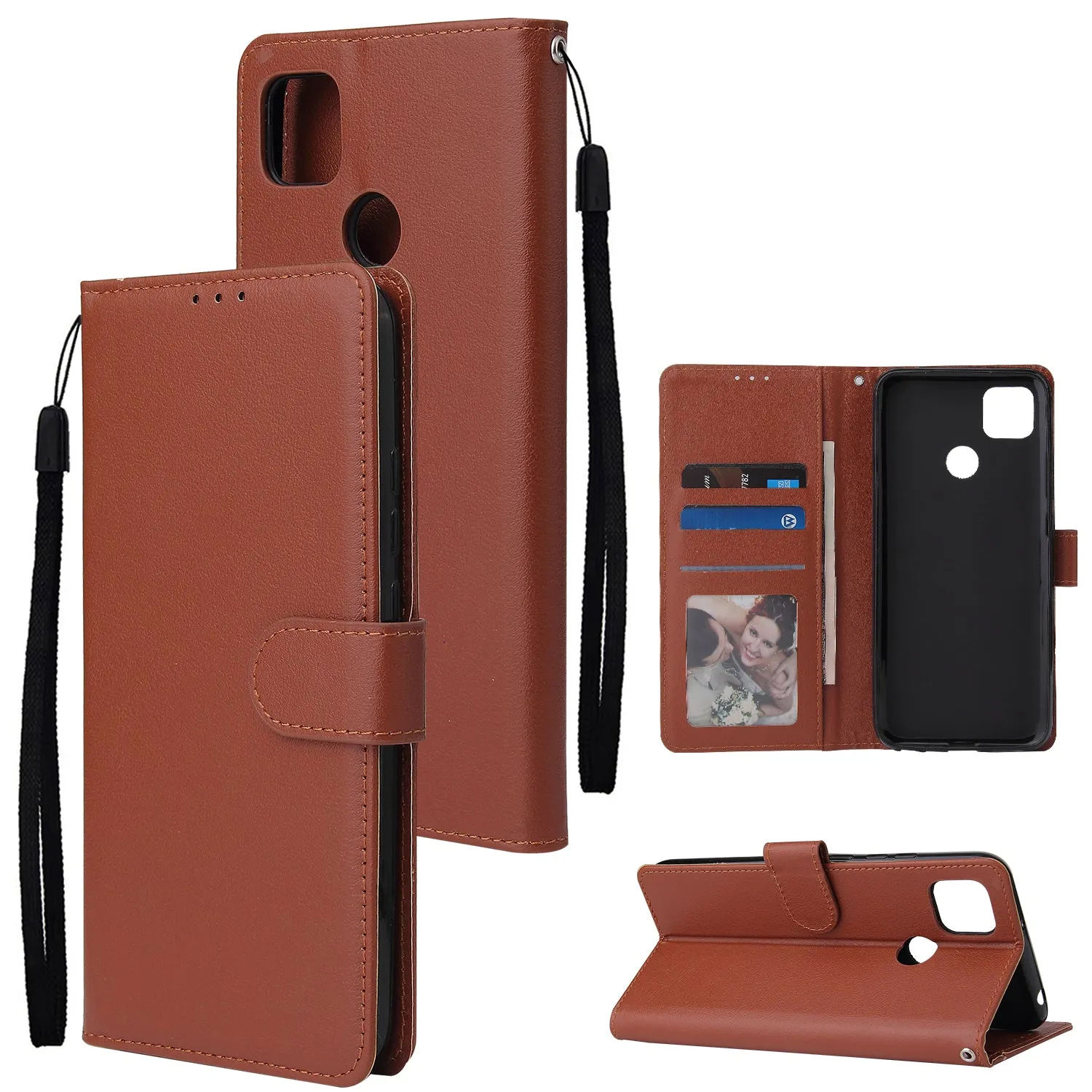 For Redmi 9A/Redmi 9C PU Leather Mobile Phone Cover with 3 Cards Slots Phone Frame brown