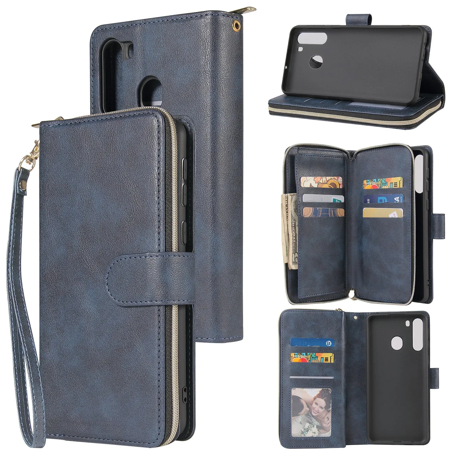 For Samsung A01/A21/A31/A41/A51 Pu Leather  Mobile Phone Cover Zipper Card Bag   Wrist Strap blue