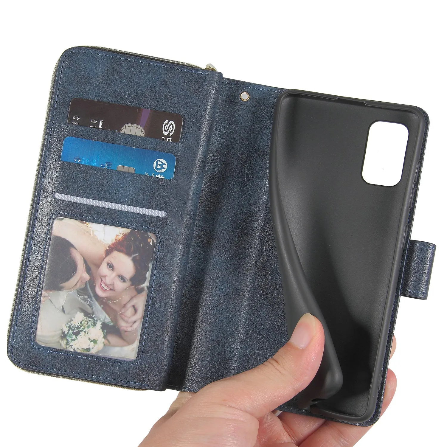 For Samsung A01/A21/A31/A41/A51 Pu Leather  Mobile Phone Cover Zipper Card Bag   Wrist Strap blue
