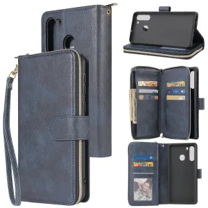 For Samsung A01/A21/A31/A41/A51 Pu Leather  Mobile Phone Cover Zipper Card Bag   Wrist Strap blue