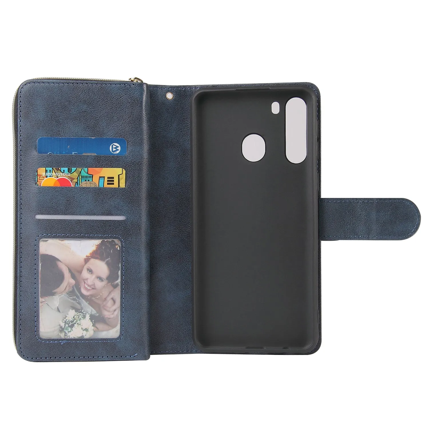 For Samsung A01/A21/A31/A41/A51 Pu Leather  Mobile Phone Cover Zipper Card Bag   Wrist Strap blue
