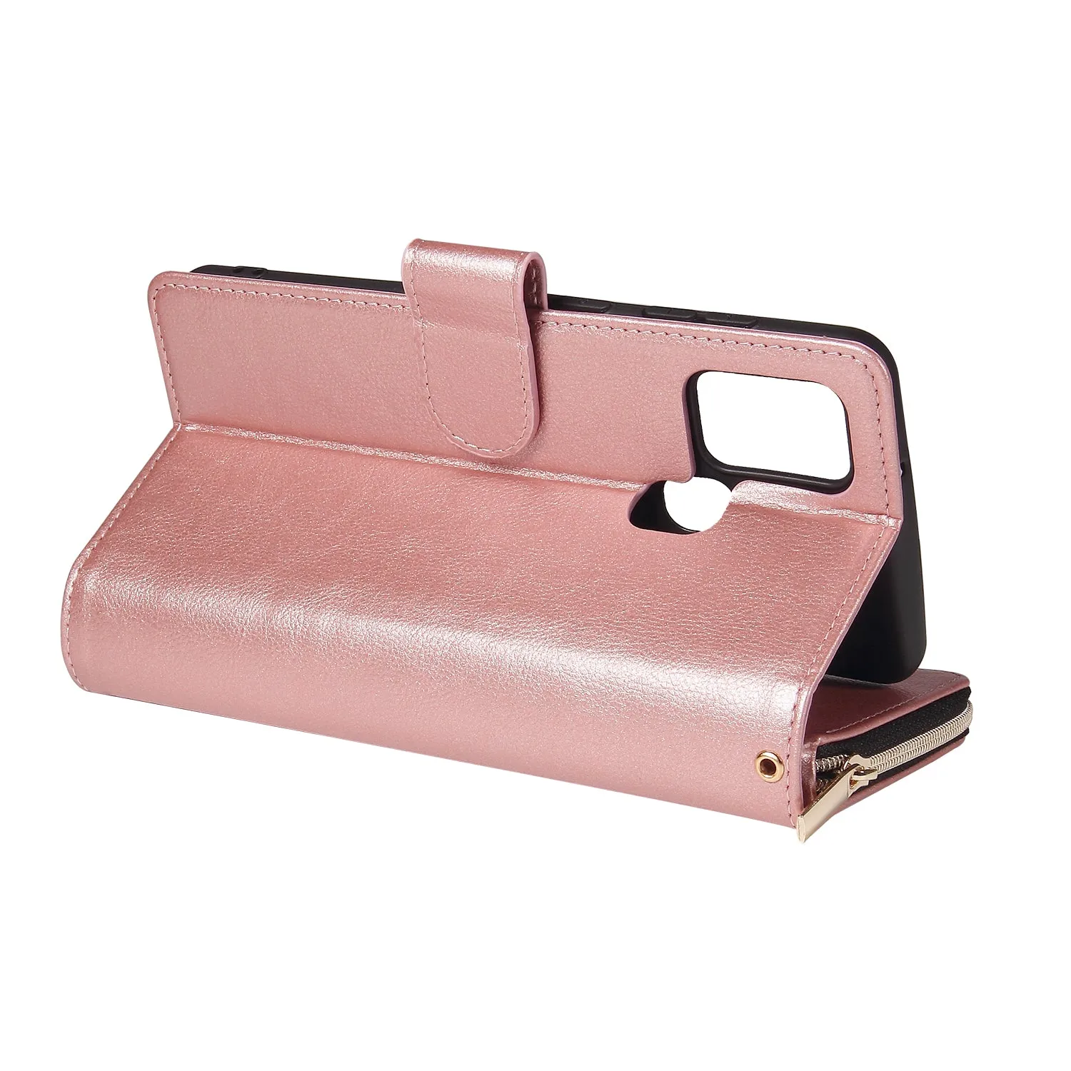 For Samsung A01/A21/A31/A41/A51 Pu Leather  Mobile Phone Cover Zipper Card Bag   Wrist Strap Rose gold
