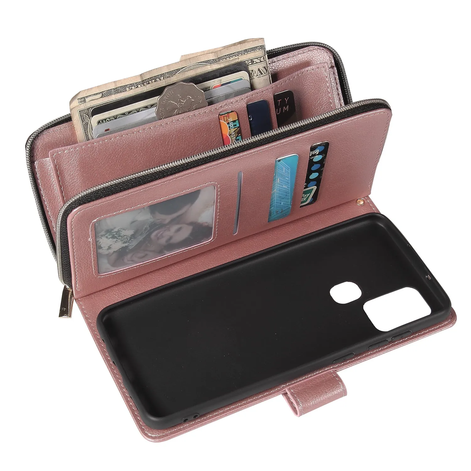 For Samsung A01/A21/A31/A41/A51 Pu Leather  Mobile Phone Cover Zipper Card Bag   Wrist Strap Rose gold