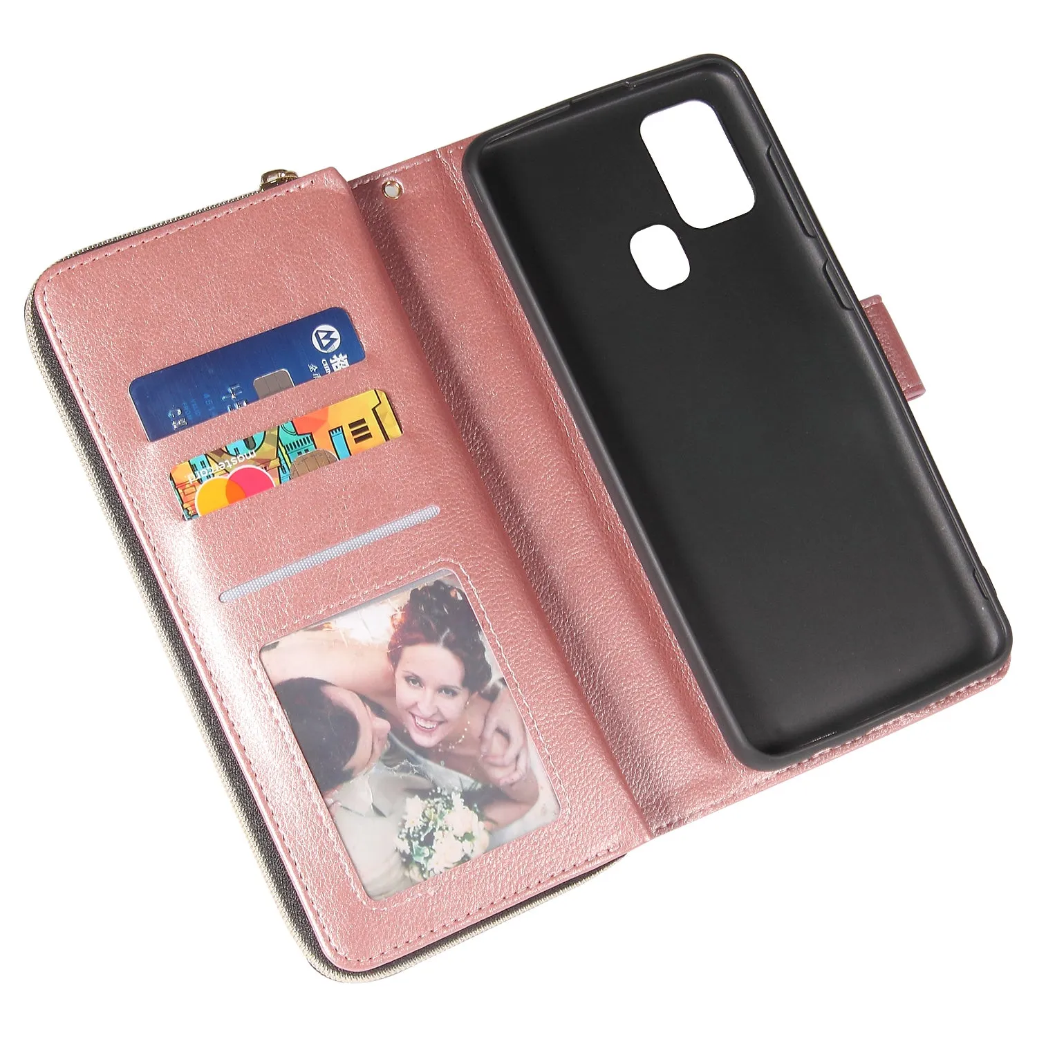 For Samsung A01/A21/A31/A41/A51 Pu Leather  Mobile Phone Cover Zipper Card Bag   Wrist Strap Rose gold