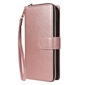 For Samsung A01/A21/A31/A41/A51 Pu Leather  Mobile Phone Cover Zipper Card Bag   Wrist Strap Rose gold