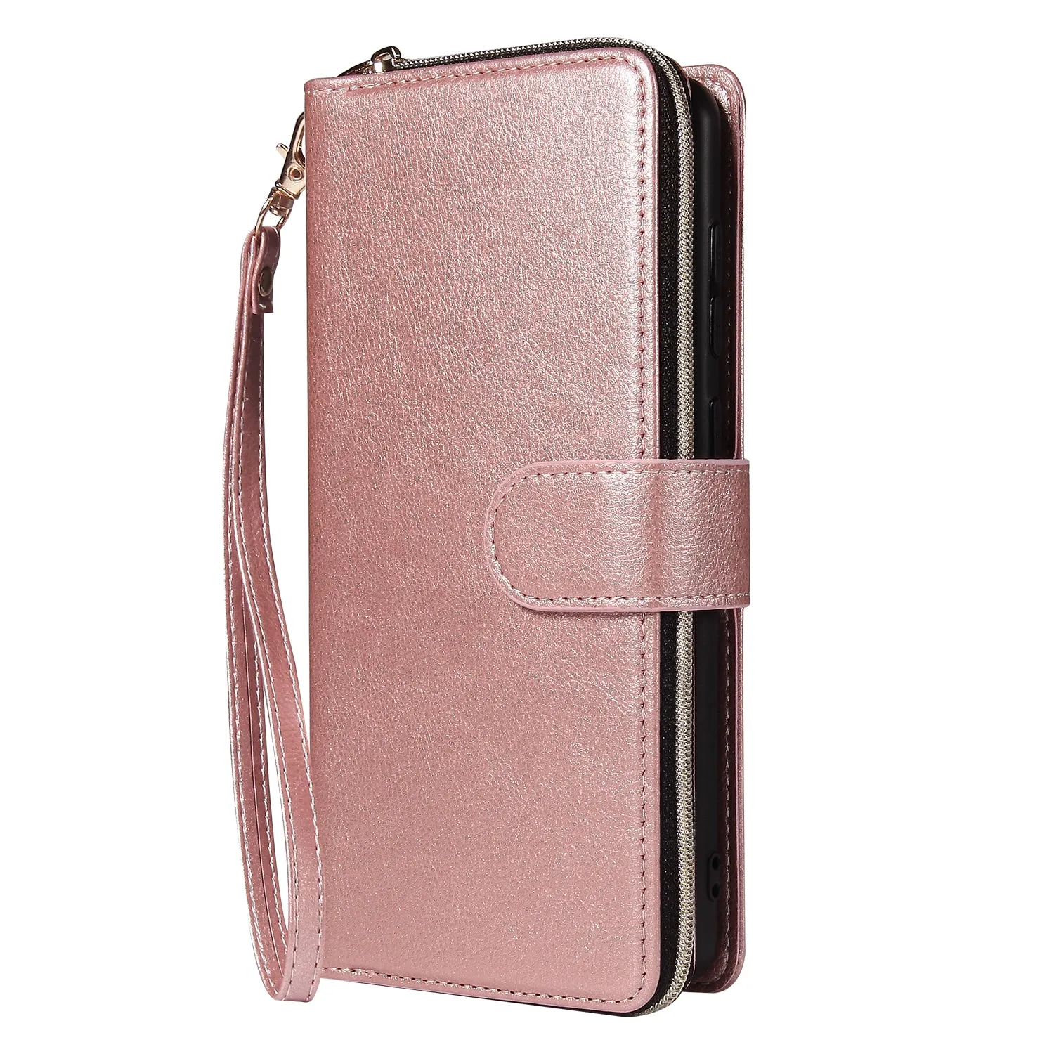 For Samsung A01/A21/A31/A41/A51 Pu Leather  Mobile Phone Cover Zipper Card Bag   Wrist Strap Rose gold