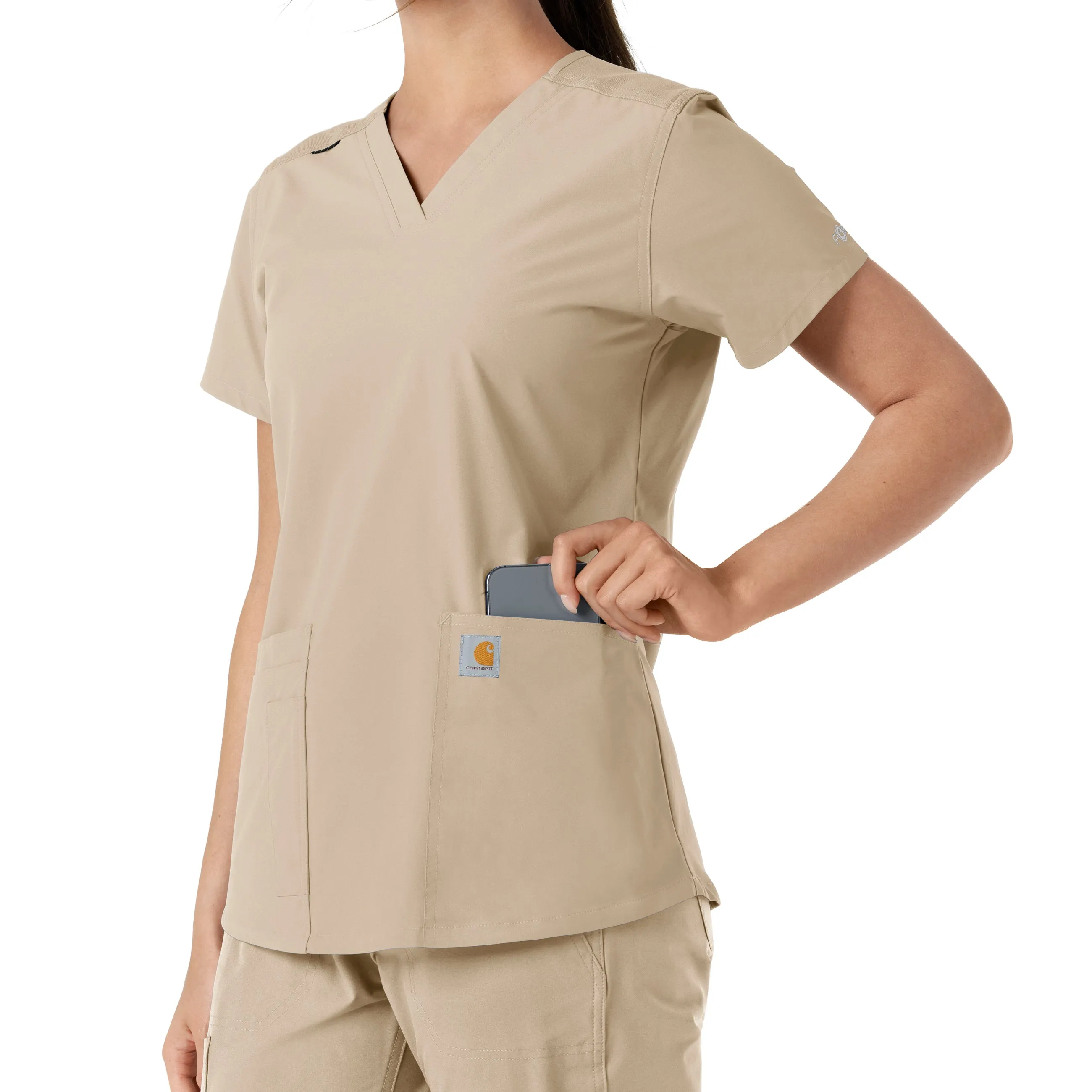 Force Essentials C12313 V-Neck Knit Panel Scrub Top Khaki