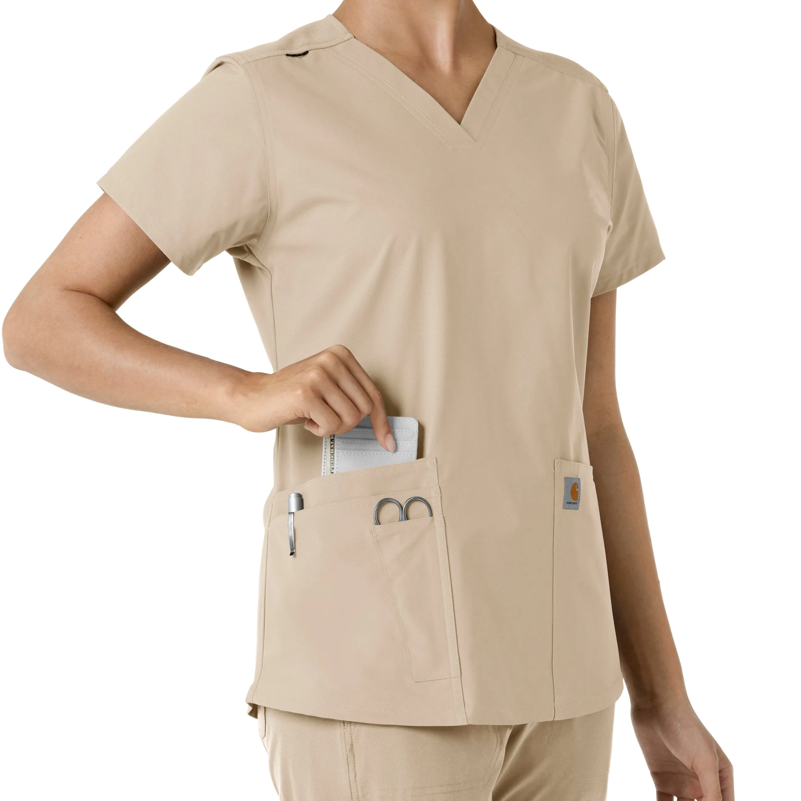 Force Essentials C12313 V-Neck Knit Panel Scrub Top Khaki