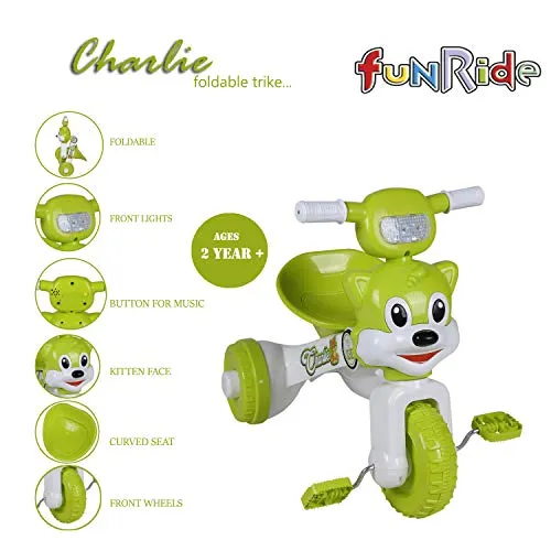 Fun Ride Charlie Cat Foldable Tricycles with Music and Lights for Boys and Girls of 2-4 Years (Green, Weight Upto 18 Kg)