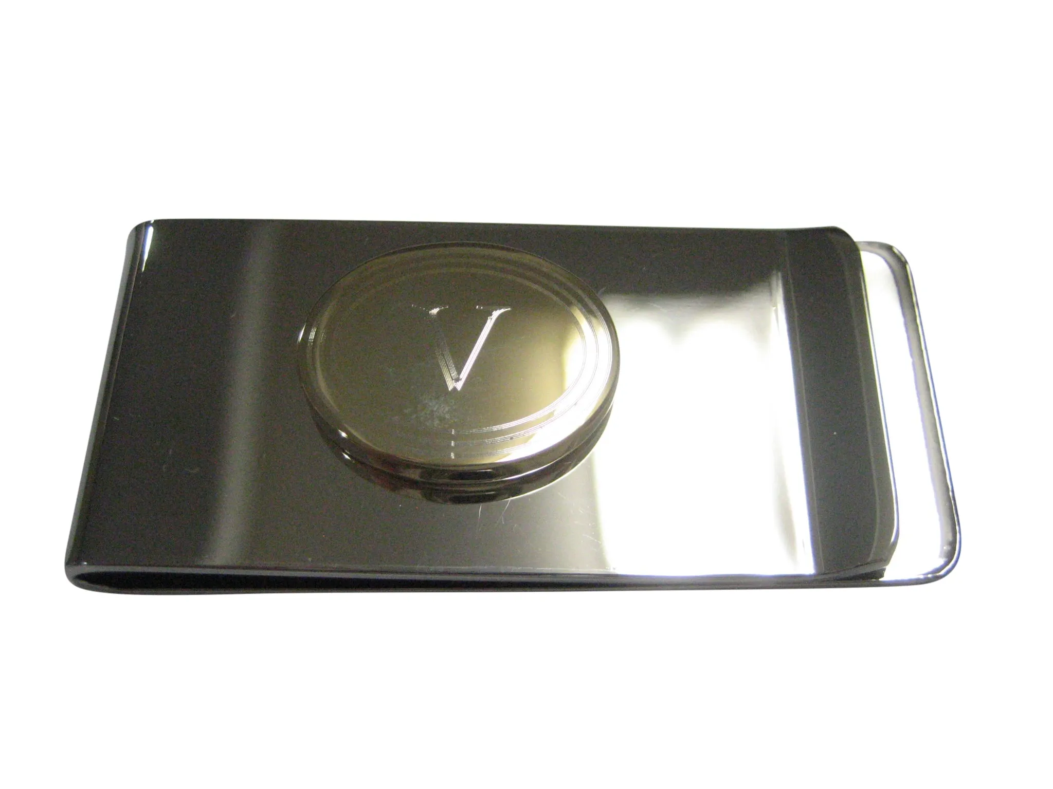 Gold Toned Etched Oval Letter V Monogram Money Clip