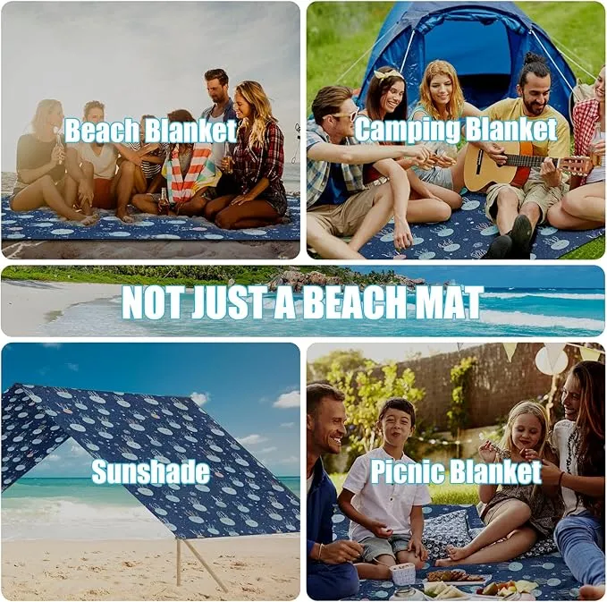 ISOPHO Beach Blanket Sand Proof, Pongee Picnic Blankets, Extra Large Beach Mat Quick Drying, Lightweight & Durable, Esentials for Outdoors, Travel, Beach Picnic, 79 x 87 Inches, Jellyfish Print