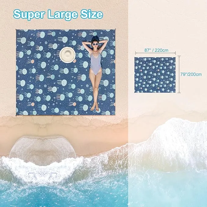 ISOPHO Beach Blanket Sand Proof, Pongee Picnic Blankets, Extra Large Beach Mat Quick Drying, Lightweight & Durable, Esentials for Outdoors, Travel, Beach Picnic, 79 x 87 Inches, Jellyfish Print